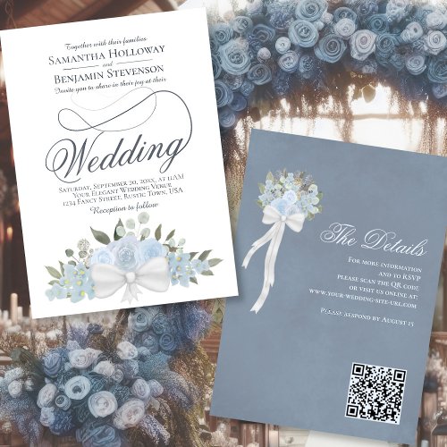 Elegant Dusty Blue Floral Bouquet QR Code Wedding Invitation