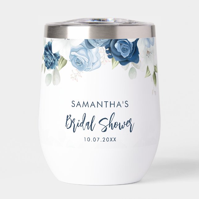 Elegant Dusty Blue Floral Bridal Shower Custom Thermal Wine Tumbler (Front)