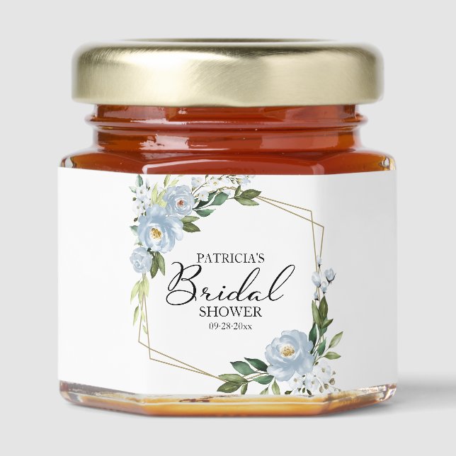 Elegant Dusty Blue Floral Bridal Shower Honey Jar Favors (Front)