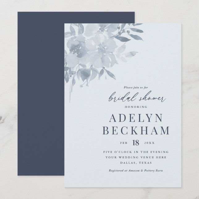 Elegant Dusty Blue Floral Bridal Shower Invitation (Front/Back)