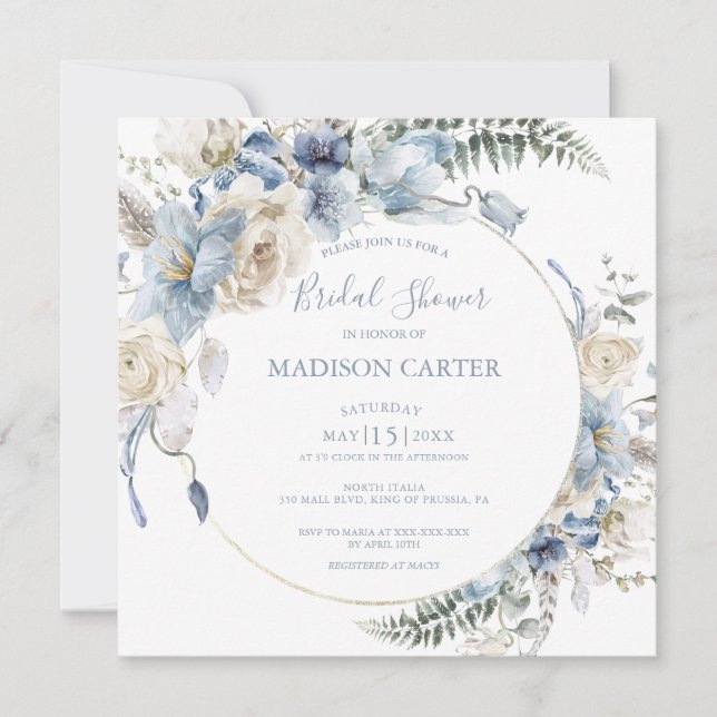 Elegant Dusty Blue Floral Bridal Shower Invitation (Front)