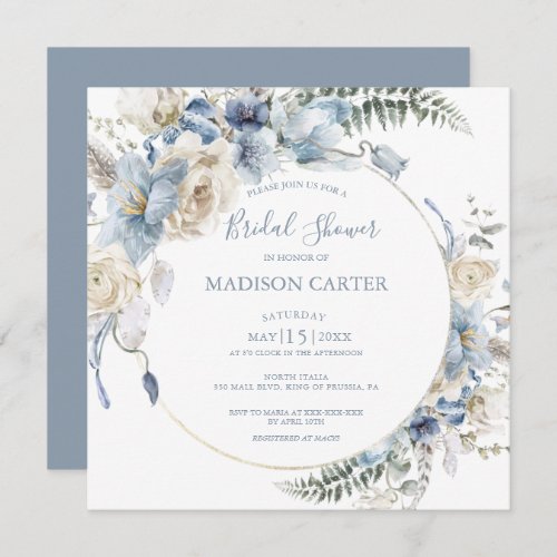 Elegant Dusty Blue Floral Bridal Shower Invitation
