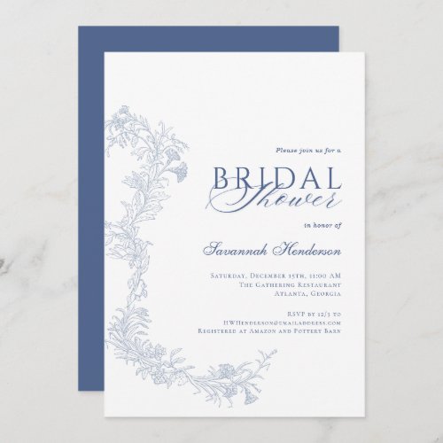 Elegant Dusty Blue Floral Bridal Shower  Invitation