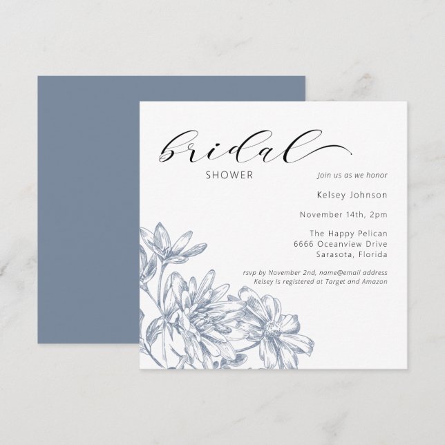 Elegant Dusty Blue Floral Bridal Shower Invitation (Front/Back)