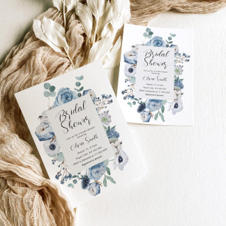 Elegant dusty blue floral bridal shower invitation