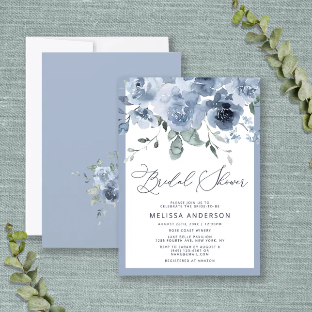 Elegant Dusty Blue Floral Bridal Shower Invitation | Zazzle