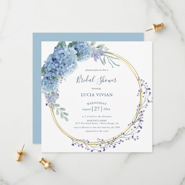 Elegant Dusty Blue Floral Bridal Shower Invitation (Front/Back In Situ)