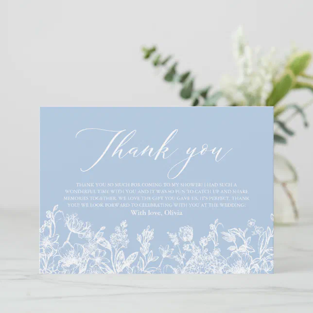Elegant Dusty Blue Floral Bridal Shower Thank You Card | Zazzle