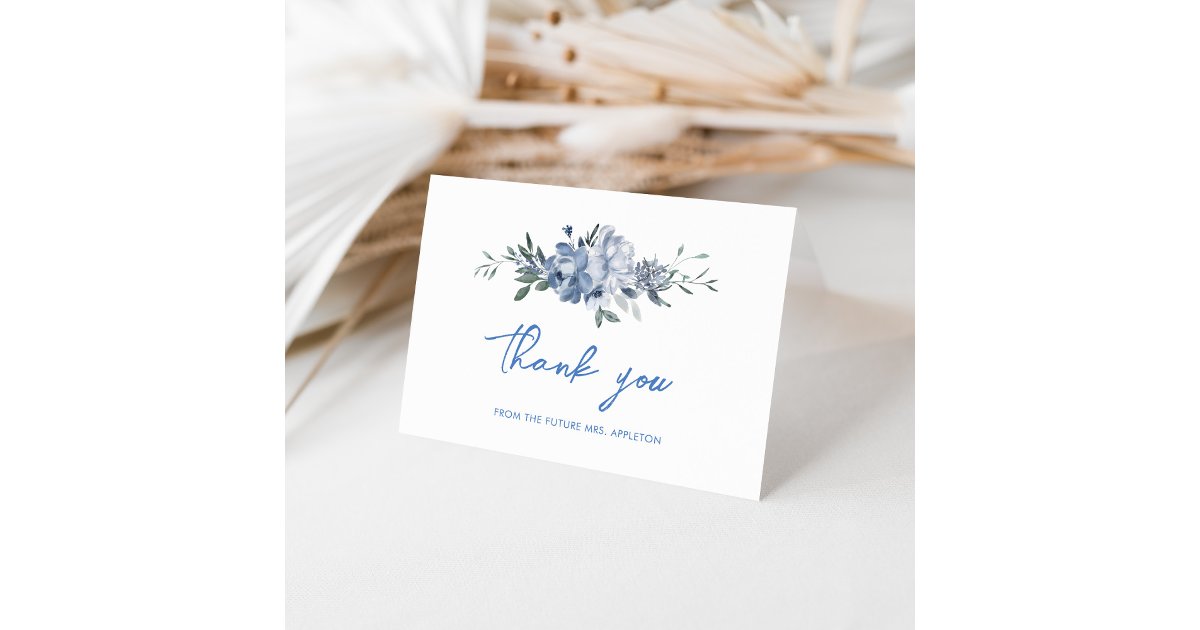 Elegant Dusty Blue Floral Bridal Shower Thank You Card | Zazzle