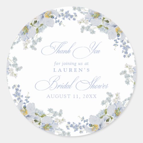 Elegant Dusty Blue Floral Bridal Shower Thank You Classic Round Sticker