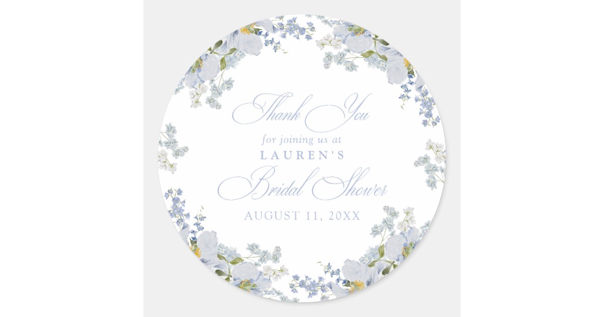 Elegant Dusty Blue Floral Bridal Shower Thank You Classic Round Sticker ...