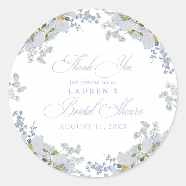 Elegant Dusty Blue Floral Bridal Shower Thank You Classic Round Sticker ...