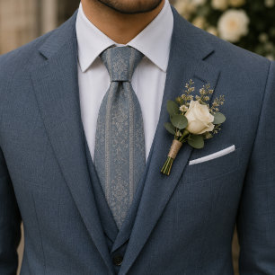 Elegant Dusty Blue Floral Brocade Neck Tie
