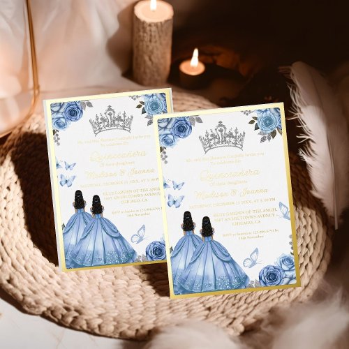Elegant Dusty Blue Floral Butterfly Quinceanera Foil Invitation