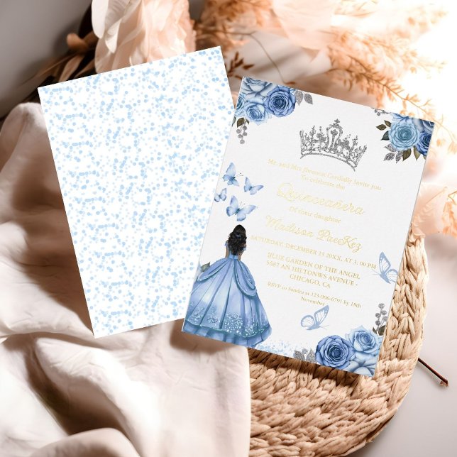 Elegant Dusty Blue Floral Butterfly Quinceanera Foil Invitation (Creator Uploaded)