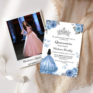 Elegant Dusty Blue Floral Butterfly Quinceanera Invitation