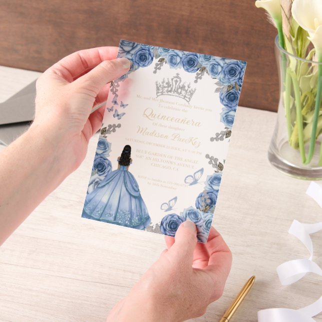 Elegant Dusty Blue Floral Butterfly  Quinceanera  Vellum Invitations (Handheld)