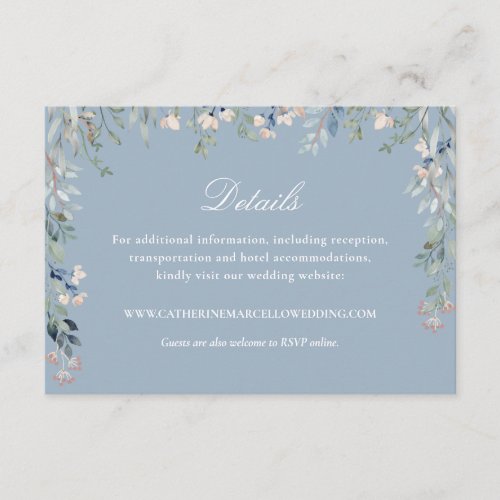 Elegant Dusty Blue Floral Cacsacde Wedding Details Enclosure Card