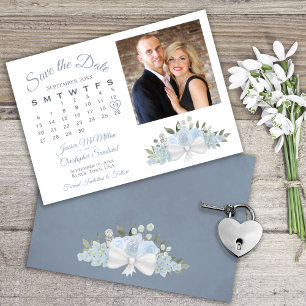 Elegant Dusty Blue Floral Calendar Photo Wedding Save The Date