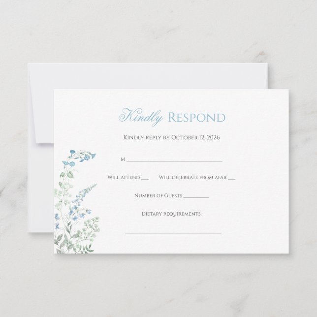 Elegant Dusty blue Floral Calligraphy RSVP Card (Front)