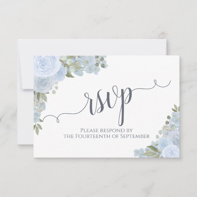 Elegant Dusty Blue Floral Calligraphy Wedding RSVP Card (Front)