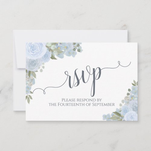 Elegant Dusty Blue Floral Calligraphy Wedding RSVP Card