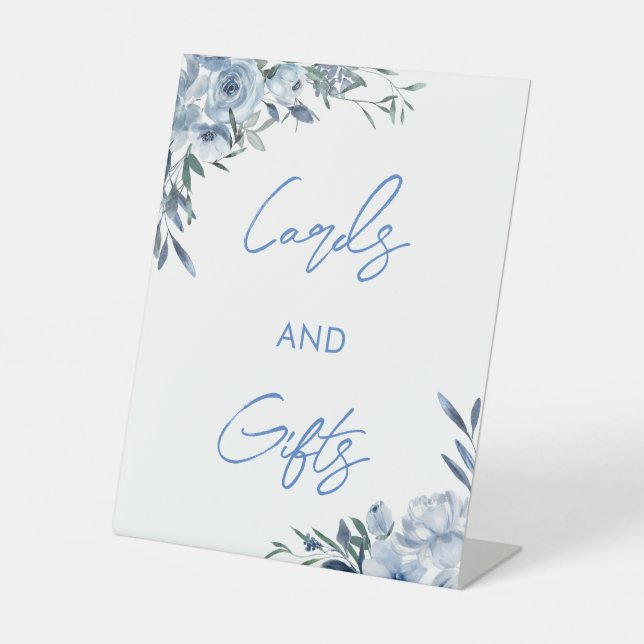 Elegant Dusty Blue Floral Cards and Gifts Table Pedestal Sign (Front)