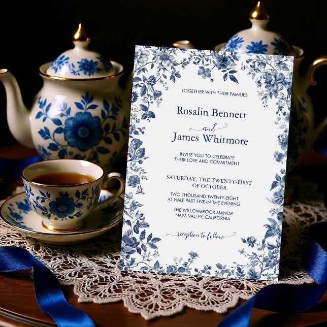 Elegant Dusty Blue Floral Chinoiserie Classic Invitation (Elegant Dusty Blue Floral Chinoiserie Classic Invitation)
