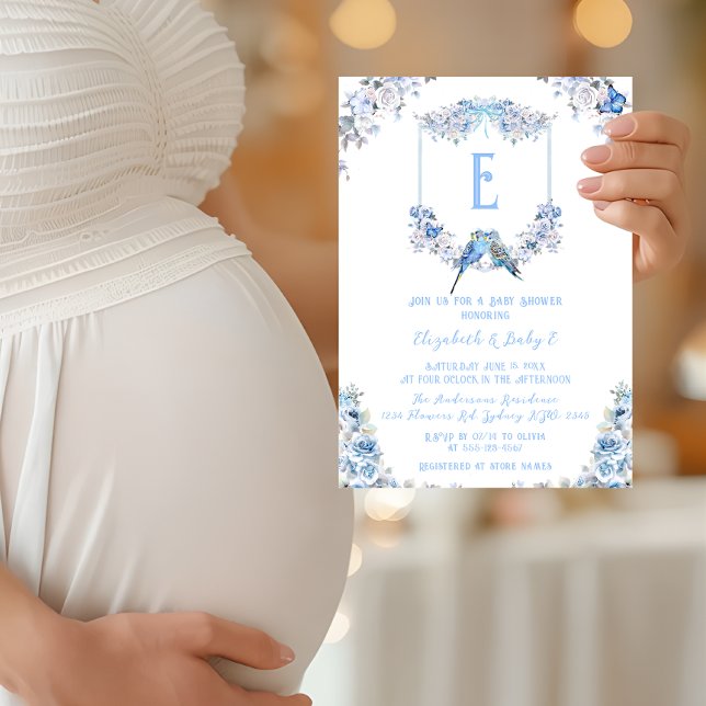 Elegant Dusty Blue Floral Crest Bow Baby Shower Invitation (Creator Uploaded)