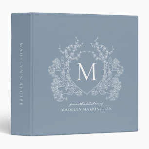 Elegant Dusty Blue Floral Crest Monogram Recipe 3 Ring Binder