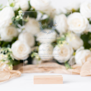 Elegant Dusty Blue Floral Crest Monogram Wedding Acrylic Invitations