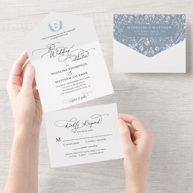 Elegant  Dusty Blue Floral Crest Monogram Wedding All In One Invitation (Creator Uploaded)