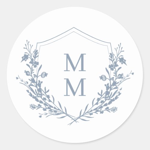 Elegant Dusty Blue Floral Crest Monogram Wedding Classic Round Sticker