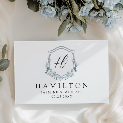 Elegant Dusty Blue Floral Crest Monogram Wedding Guest Book