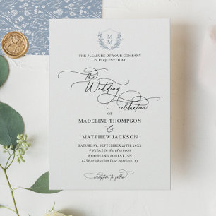 Elegant Dusty Blue Floral Crest Monogram Wedding Invitation