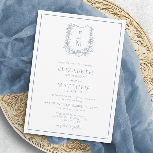 Elegant Dusty Blue Floral Crest Monogram Wedding Invitation
