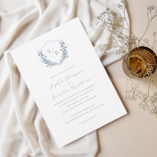 Elegant Dusty Blue Floral Crest Monogram Wedding Invitation