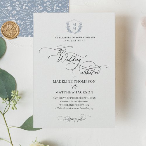 Elegant  Dusty Blue Floral Crest Monogram Wedding Invitation