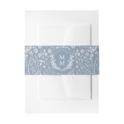 Elegant Dusty Blue Floral Crest Monogram Wedding Invitation Belly Band