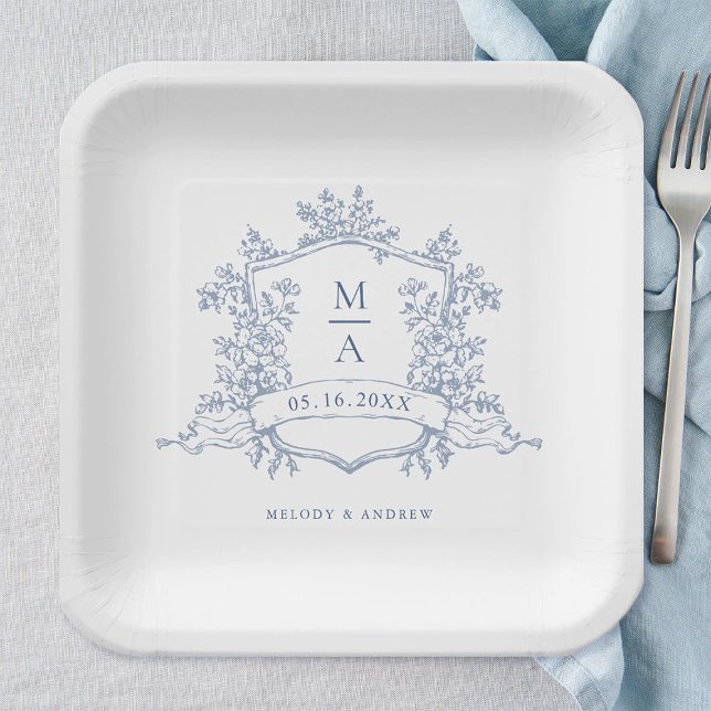 Elegant Dusty Blue Floral Crest Monogram Wedding Paper Plates (Creator Uploaded)
