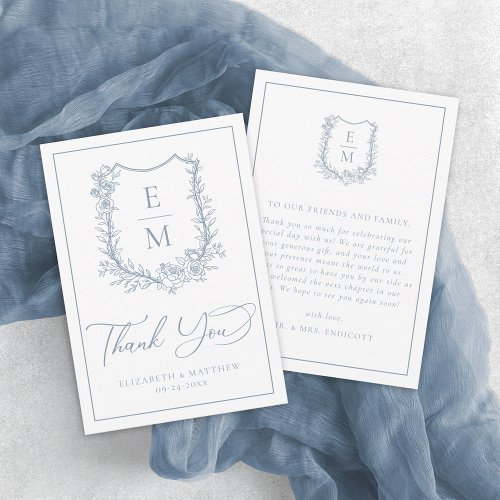 Elegant Dusty Blue Floral Crest Monogram Wedding Thank You Card