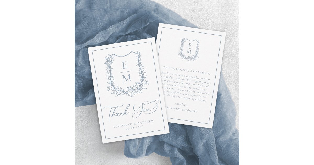 Elegant Dusty Blue Floral Crest Monogram Wedding Thank You Card | Zazzle