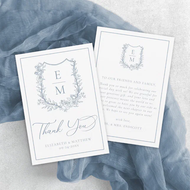 Elegant Dusty Blue Floral Crest Monogram Wedding Thank You Card | Zazzle