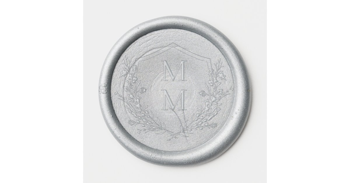 Elegant Dusty Blue Floral Crest Monogram Wedding Wax Seal Sticker | Zazzle