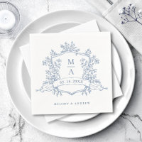 Elegant Dusty Blue Floral Crest Monograms Wedding