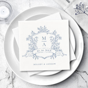 Elegant Dusty Blue Floral Crest Monograms Wedding Napkins
