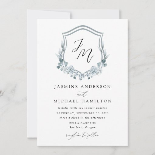 Elegant Dusty Blue Floral Crest Wedding Invitation | Zazzle