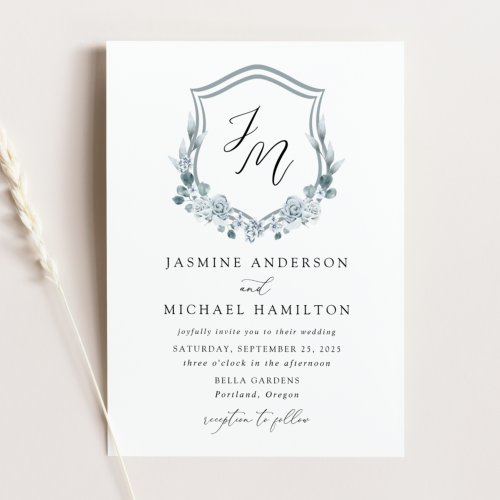 Elegant Dusty Blue Floral Crest Wedding Invitation