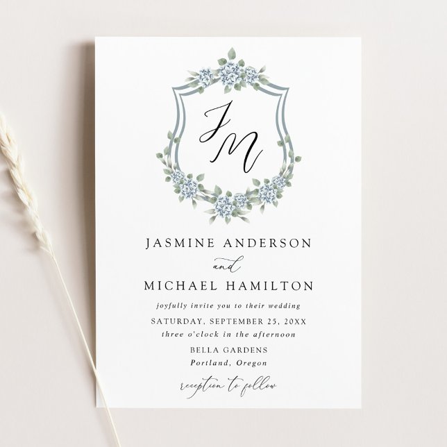 Elegant Dusty Blue Floral Crest Wedding Invitation (Creator Uploaded)