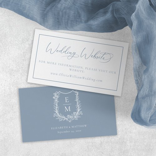 Elegant Dusty Blue Floral Crest Wedding Website Enclosure Card